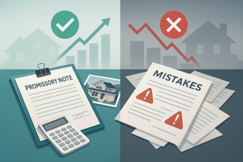 Professional documents showing mortgage note selling mistakes and solutions with financial charts