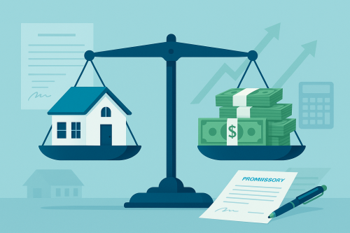 Illustration of mortgage note valuation showing house balanced against cash representing factors that determine note value