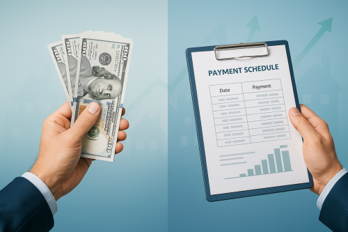 Comparison chart showing partial vs full note sale options with cash amounts and payment schedules