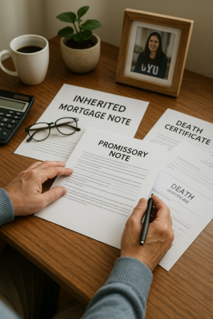Person reviewing inherited mortgage note documents with calculator and legal papers on desk
